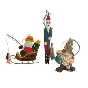 3 Vintage Ornaments 1 Gnome 2 Santa Fishing Hand Painted